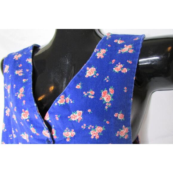 Blue Corduroy Jumper Dress All Over Roses Floral Print Small Vintage 1980s - Picture 2 of 7